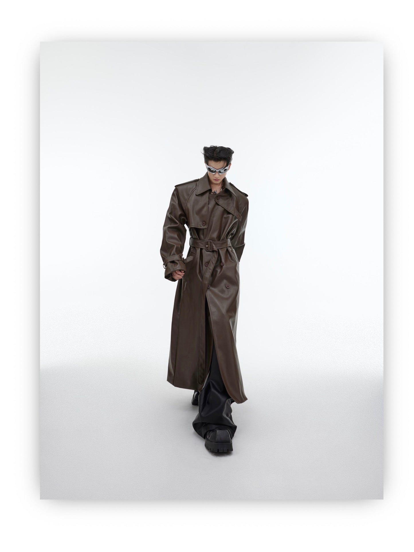 Belted Long Vegan Leather Coat | ARGUE CULTURE Collection [H448]