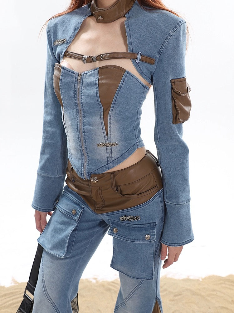 Two Piece Denim and Leather Jacket And Denim Tube Top[H679]