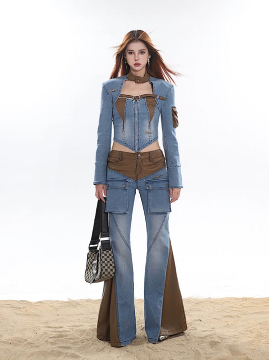 Two Piece Denim and Leather Jacket And Denim Tube Top[H679]