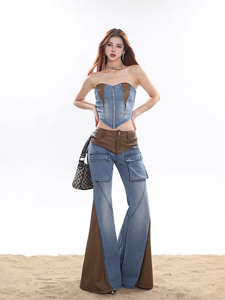 Vintage Belle Bottom Leather & Denim Pants [H680]