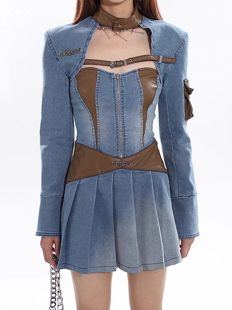 Vintage Vegan Leather Pleated Denim Dress[H678]