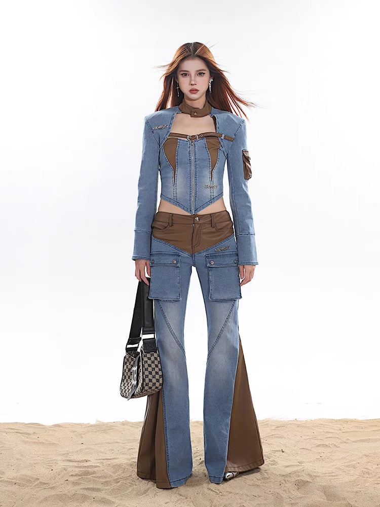 Vintage Belle Bottom Leather & Denim Pants [H680]