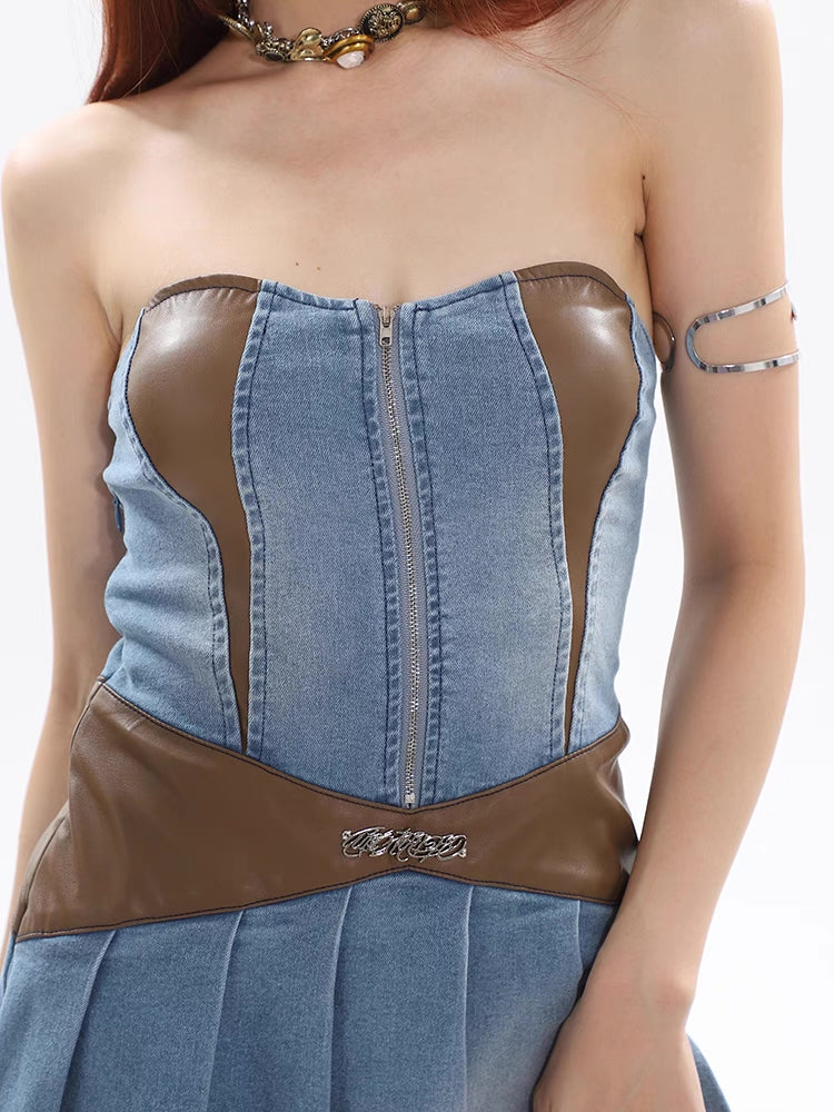 Vintage Vegan Leather Pleated Denim Dress[H678]