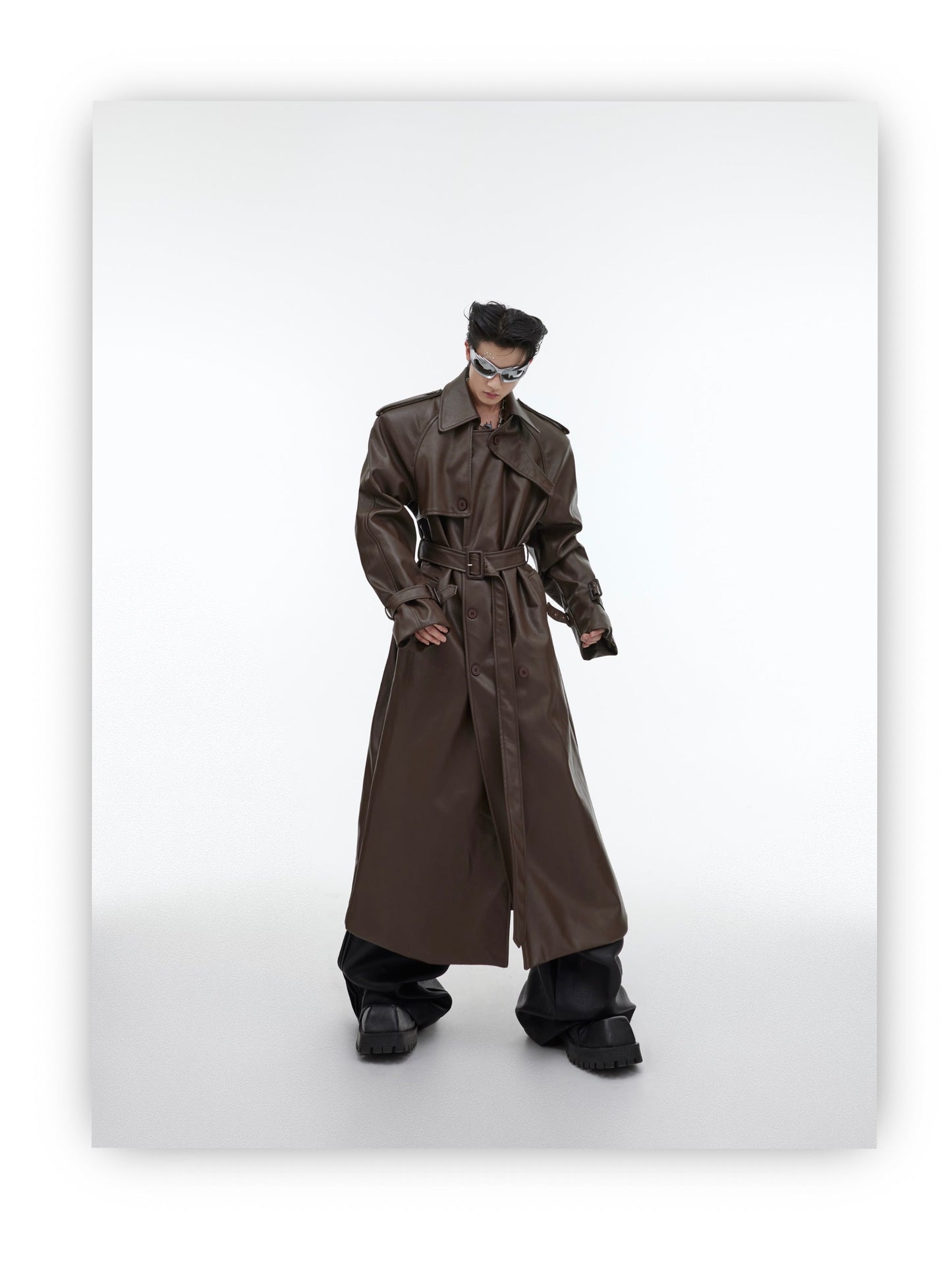 Belted Long Vegan Leather Coat | ARGUE CULTURE Collection [H448]