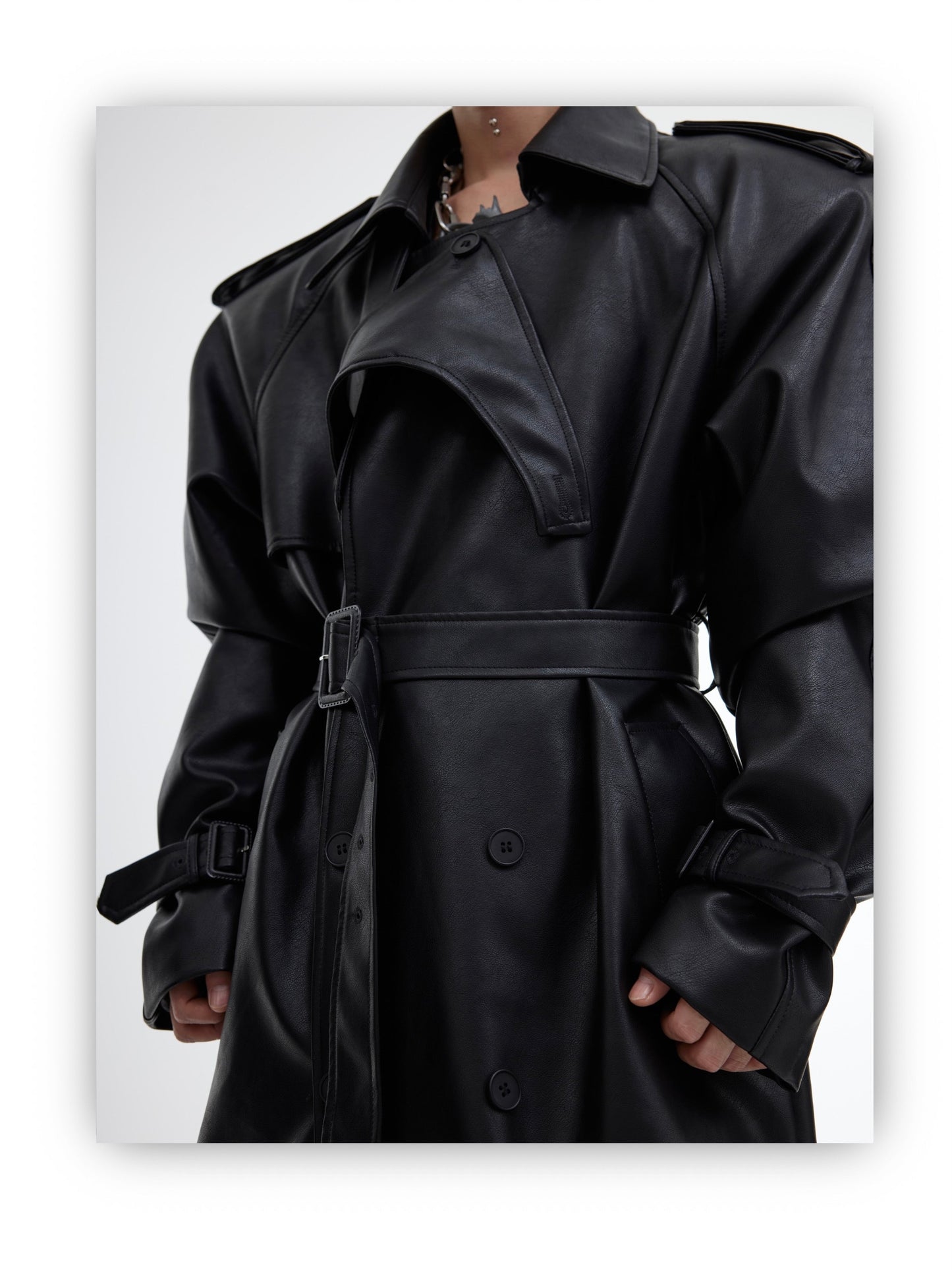 Belted Long Vegan Leather Coat | ARGUE CULTURE Collection [H448]