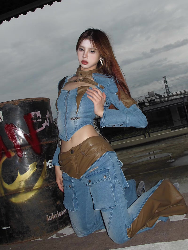 Vintage Belle Bottom Leather & Denim Pants [H680]