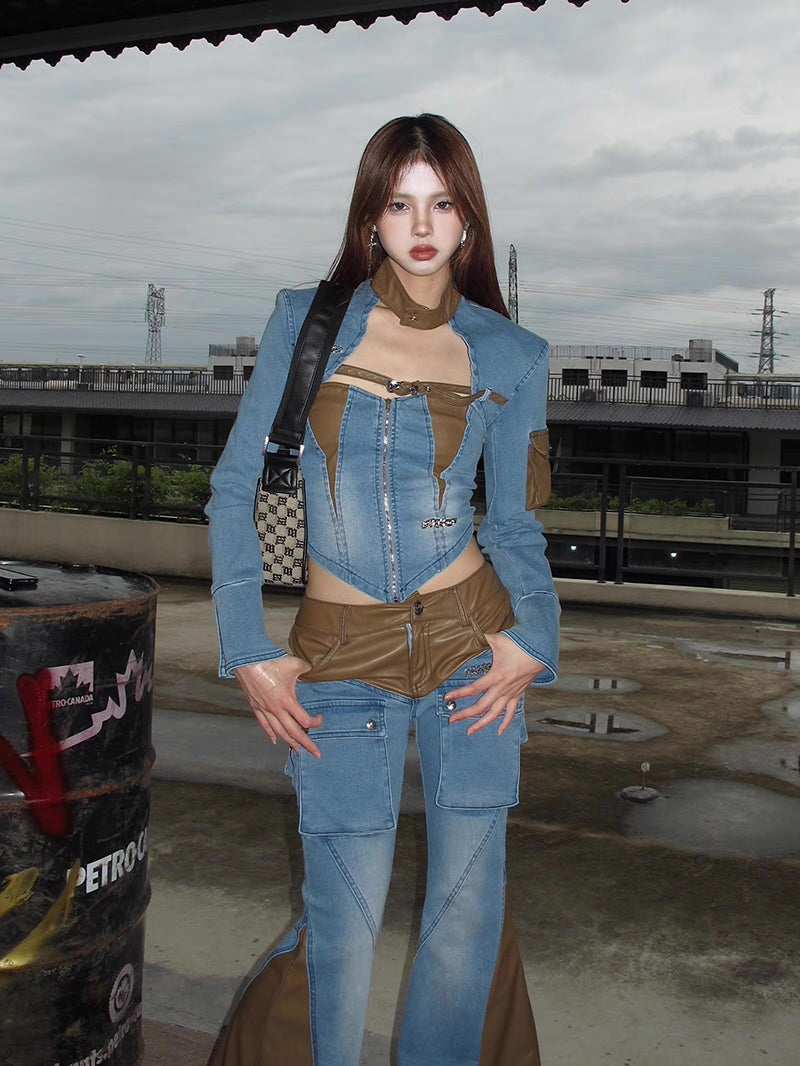 Vintage Belle Bottom Leather & Denim Pants [H680]