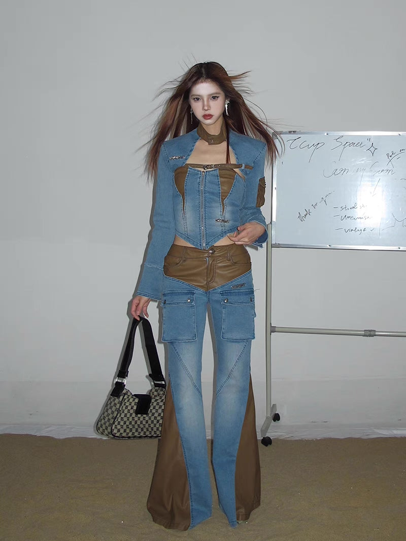 Vintage Belle Bottom Leather & Denim Pants [H680]