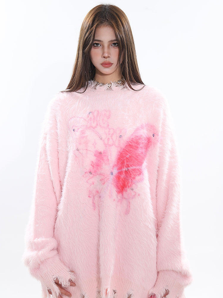 Fluffy Butterfly Long Sleeve Sweater[H673]