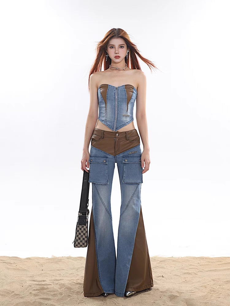 Vintage Belle Bottom Leather & Denim Pants [H680]