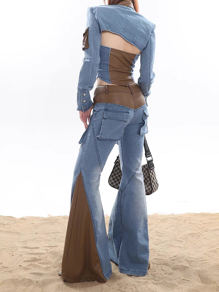 Vintage Belle Bottom Leather & Denim Pants [H680]