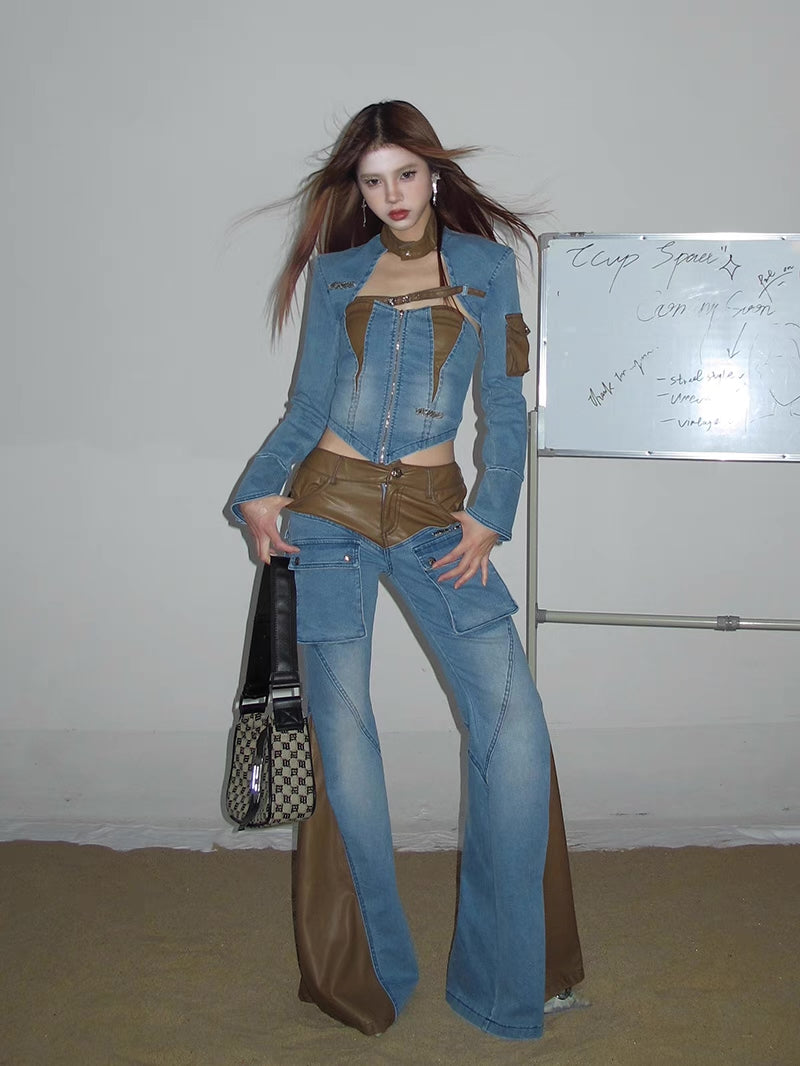 Vintage Belle Bottom Leather & Denim Pants [H680]