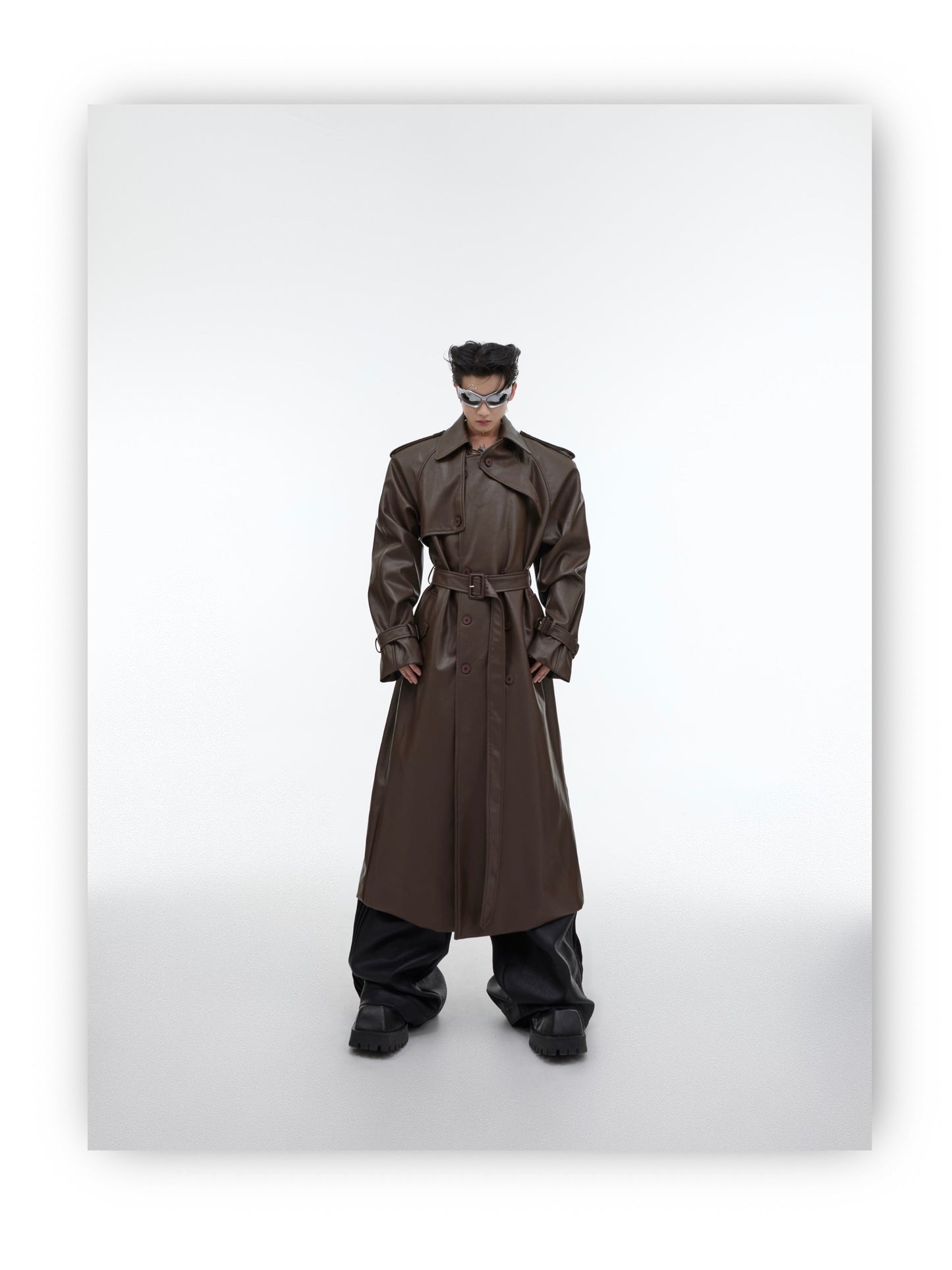 Belted Long Vegan Leather Coat | ARGUE CULTURE Collection [H448]