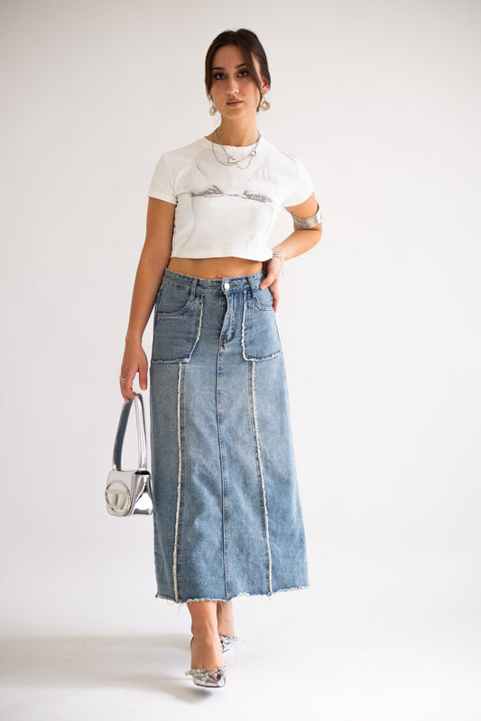 Rough Trim Long Denim Skirt [H691]