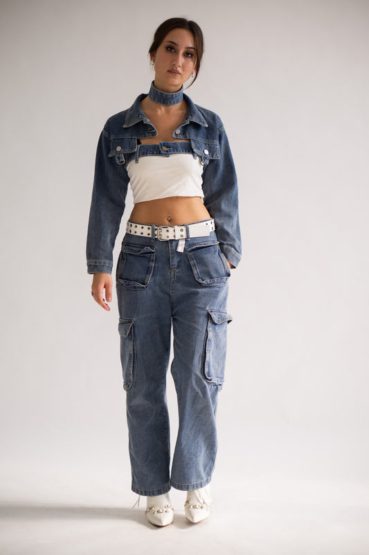 Two Piece Cropped Denim Jacket And Denim Detail Tube Top | ZZHENL [H195]