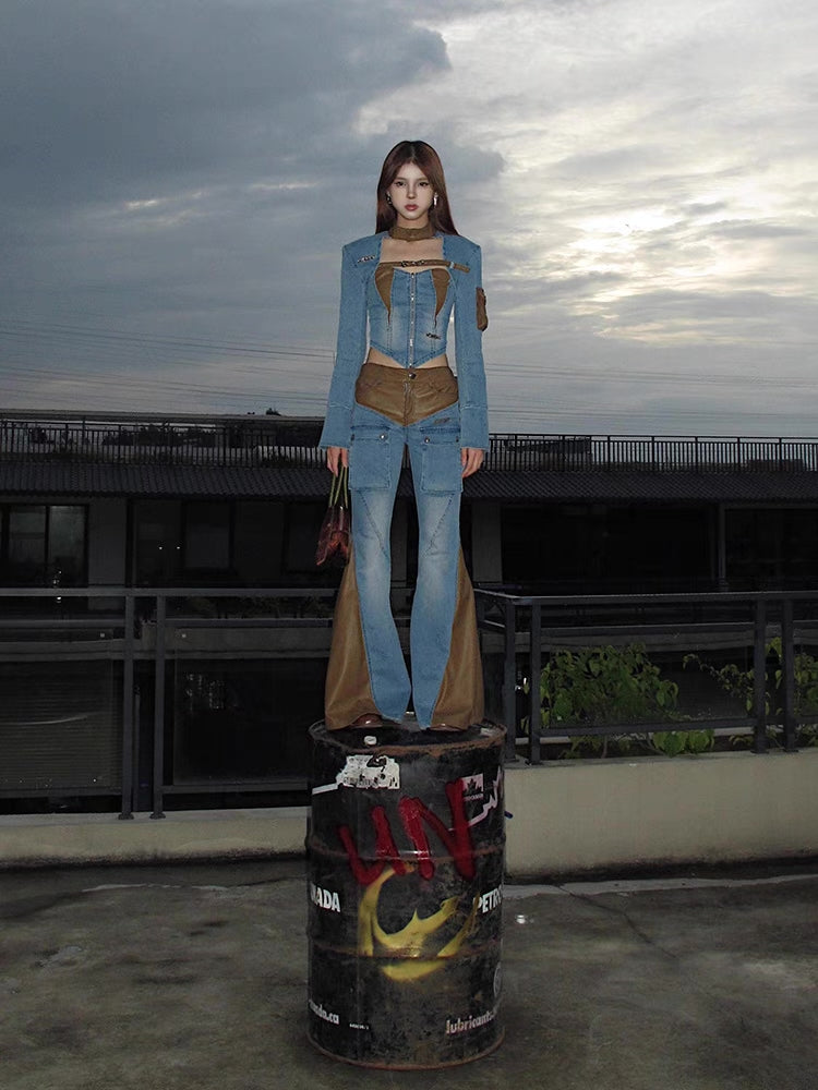 Vintage Belle Bottom Leather & Denim Pants [H680]