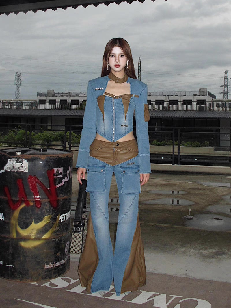 Vintage Belle Bottom Leather & Denim Pants [H680]