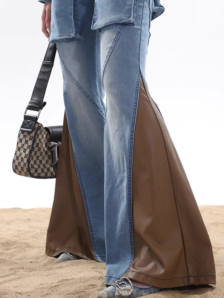 Vintage Belle Bottom Leather & Denim Pants [H680]