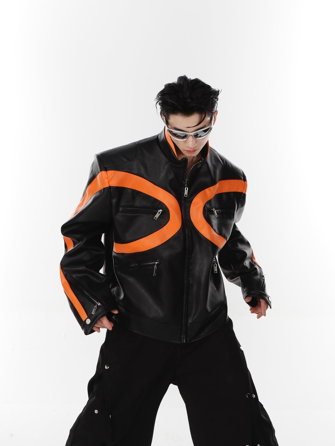 UNISEX Futurist Orange Line Design Vegan Leather Motocycle Jacket | ARGUE CULTURE Collection [H144]