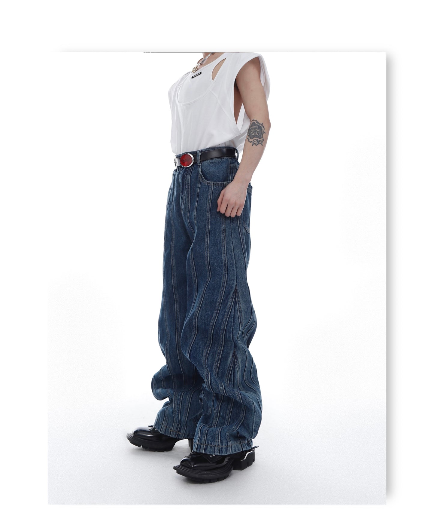 UNISEX Deconstructed Stripe Patch Jeans | ARGUE CULTURE Collection [H159]