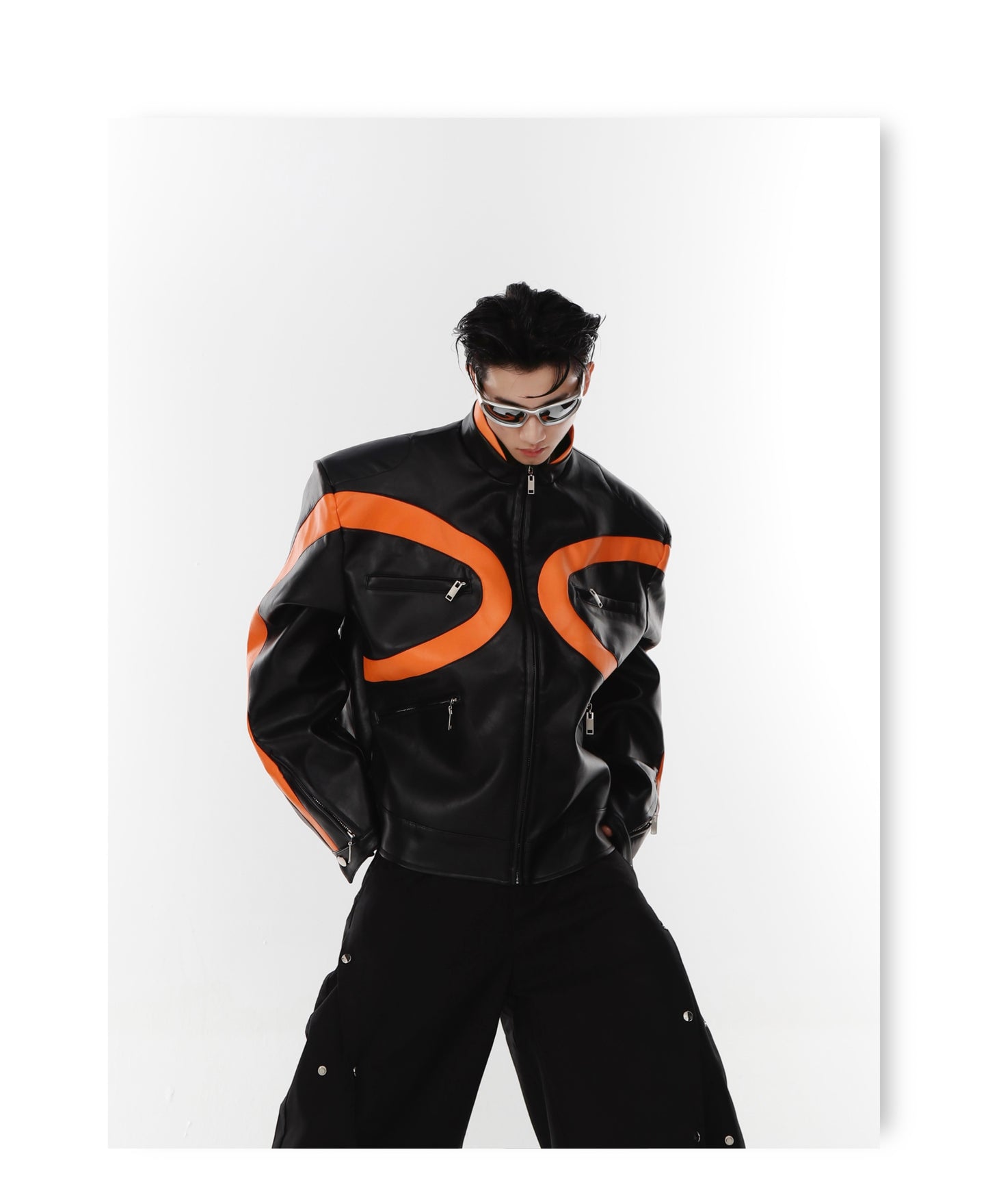 UNISEX Futurist Orange Line Design Vegan Leather Motocycle Jacket | ARGUE CULTURE Collection [H144]