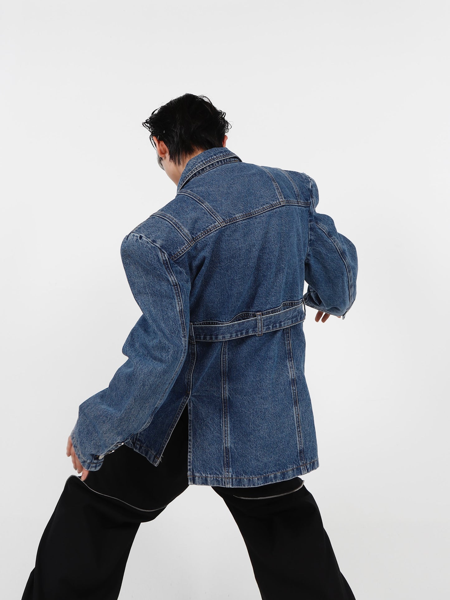 UNISEX Fitted Silhouette Belt Long Denim Jacket | Spring Jacket | ARGUE CULTURE Collection [H149]