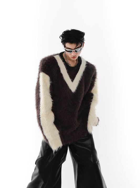 UNISEX Faux Mink Contrasting Colors V-neck Sweater | ARGUE CULTURE Collection [H151]