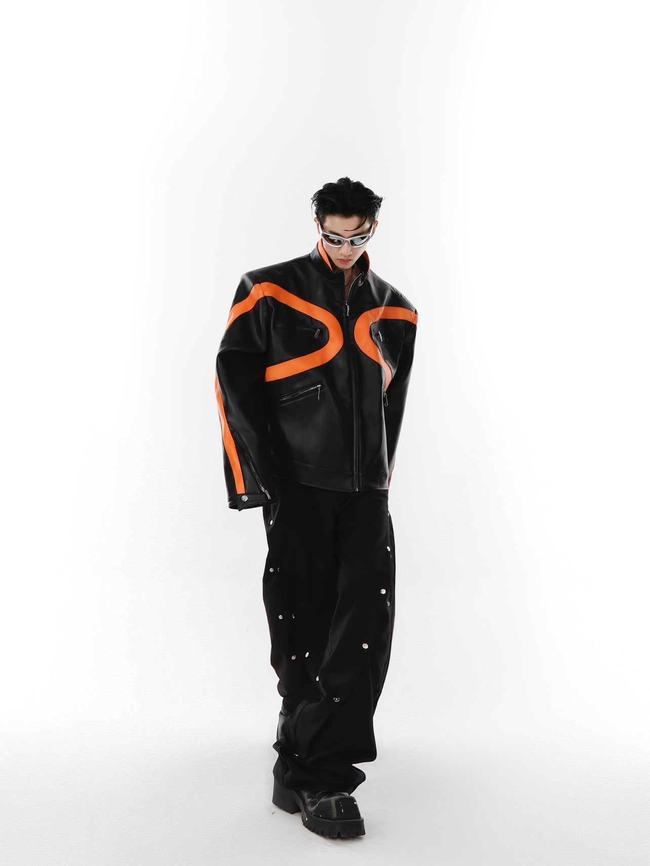 UNISEX Futurist Orange Line Design Vegan Leather Motocycle Jacket | ARGUE CULTURE Collection [H144]