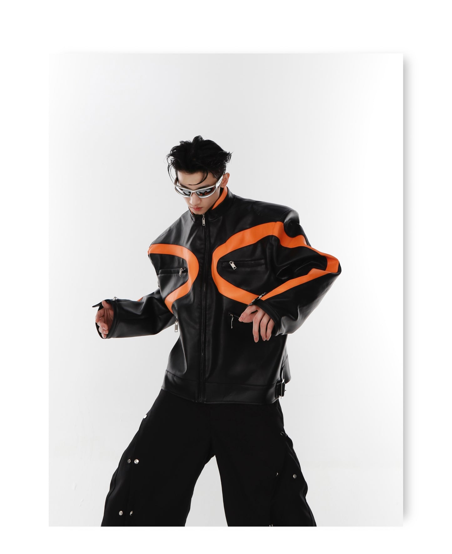 UNISEX Futurist Orange Line Design Vegan Leather Motocycle Jacket | ARGUE CULTURE Collection [H144]