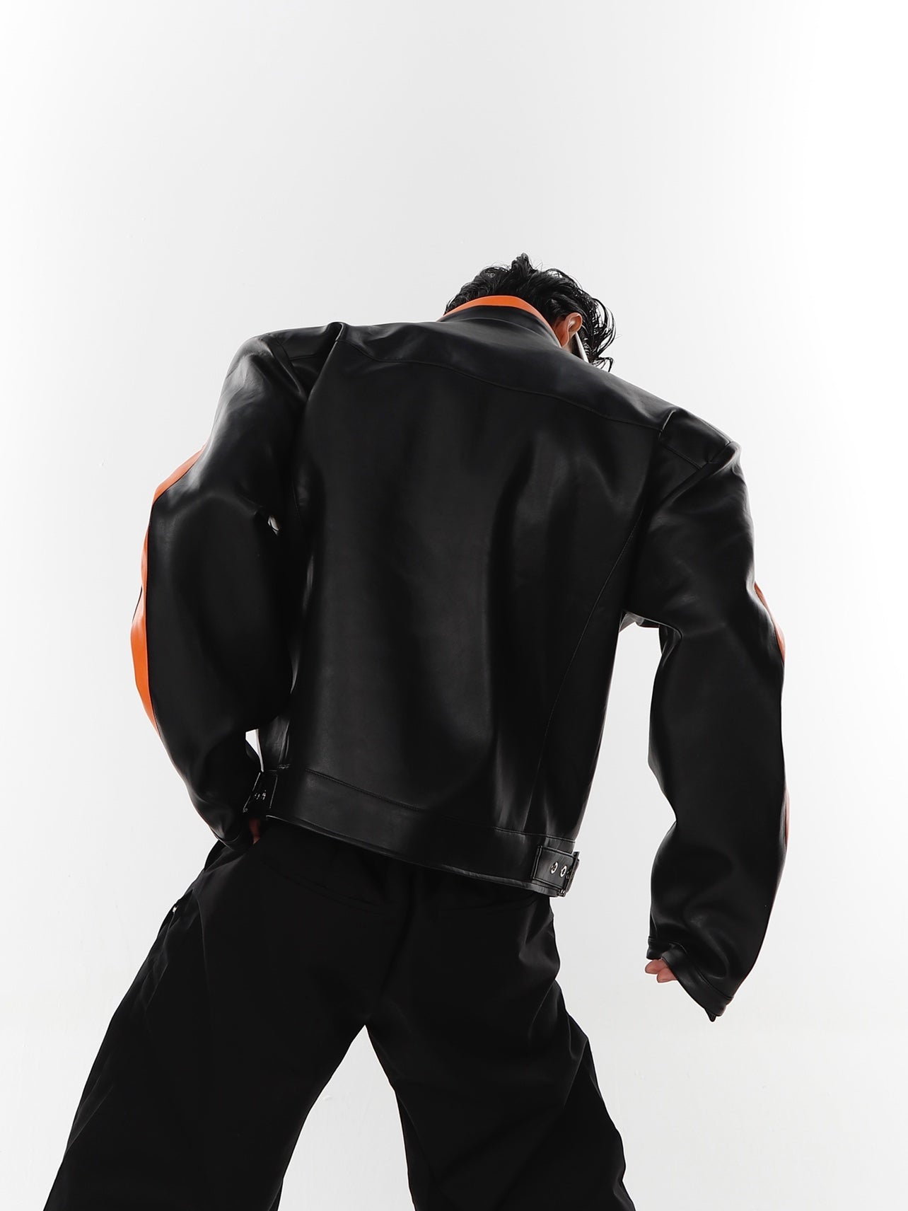 UNISEX Futurist Orange Line Design Vegan Leather Motocycle Jacket | ARGUE CULTURE Collection [H144]