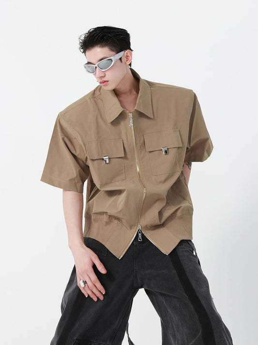 UNISEX Metal Embellishment Zipper Collar Short Sleeve Shirt | ARGUE CULTURE Collection [H091]