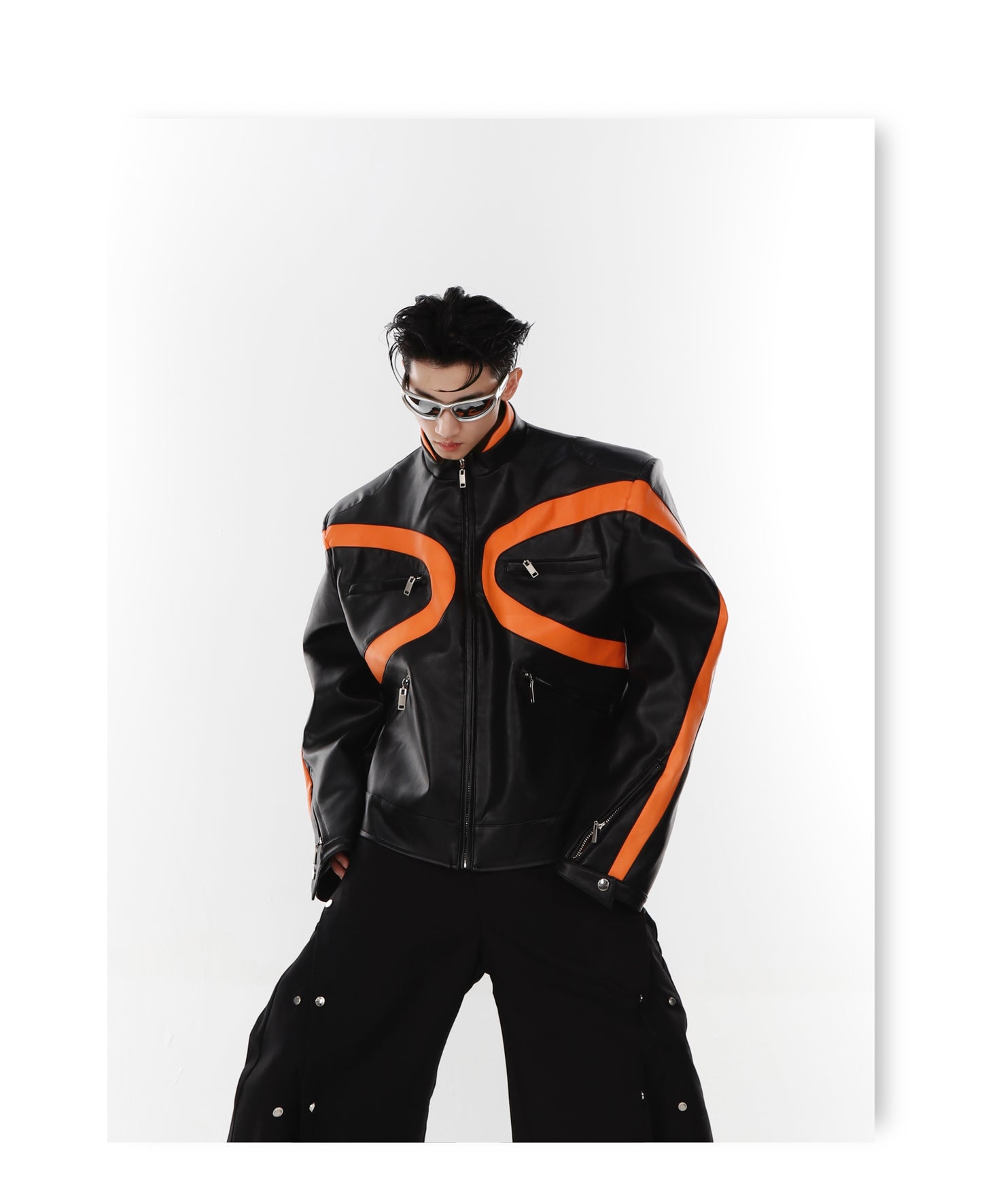 UNISEX Futurist Orange Line Design Vegan Leather Motocycle Jacket | ARGUE CULTURE Collection [H144]