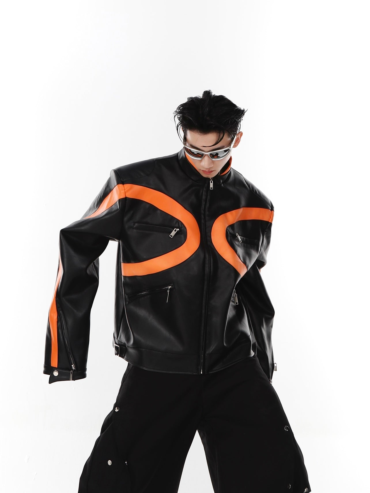 UNISEX Futurist Orange Line Design Vegan Leather Motocycle Jacket | ARGUE CULTURE Collection [H144]