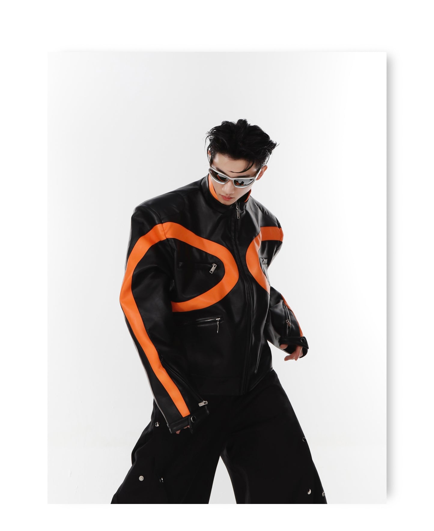 UNISEX Futurist Orange Line Design Vegan Leather Motocycle Jacket | ARGUE CULTURE Collection [H144]