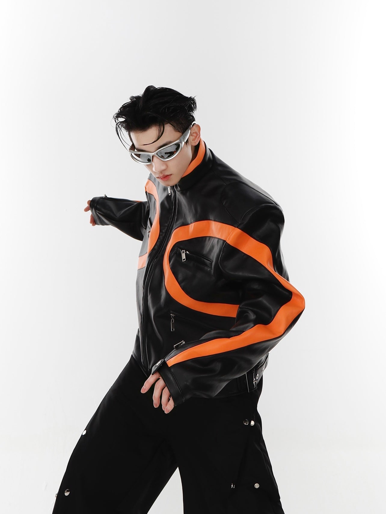 UNISEX Futurist Orange Line Design Vegan Leather Motocycle Jacket | ARGUE CULTURE Collection [H144]