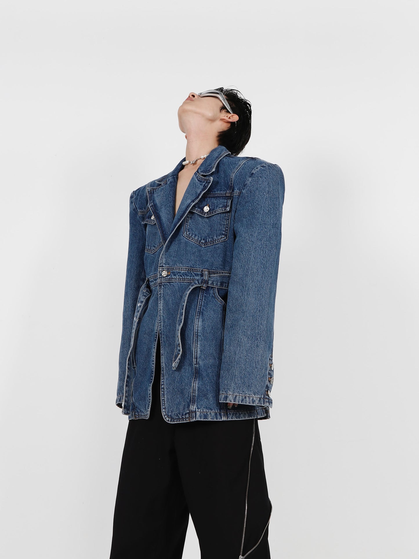 UNISEX Fitted Silhouette Belt Long Denim Jacket | Spring Jacket | ARGUE CULTURE Collection [H149]