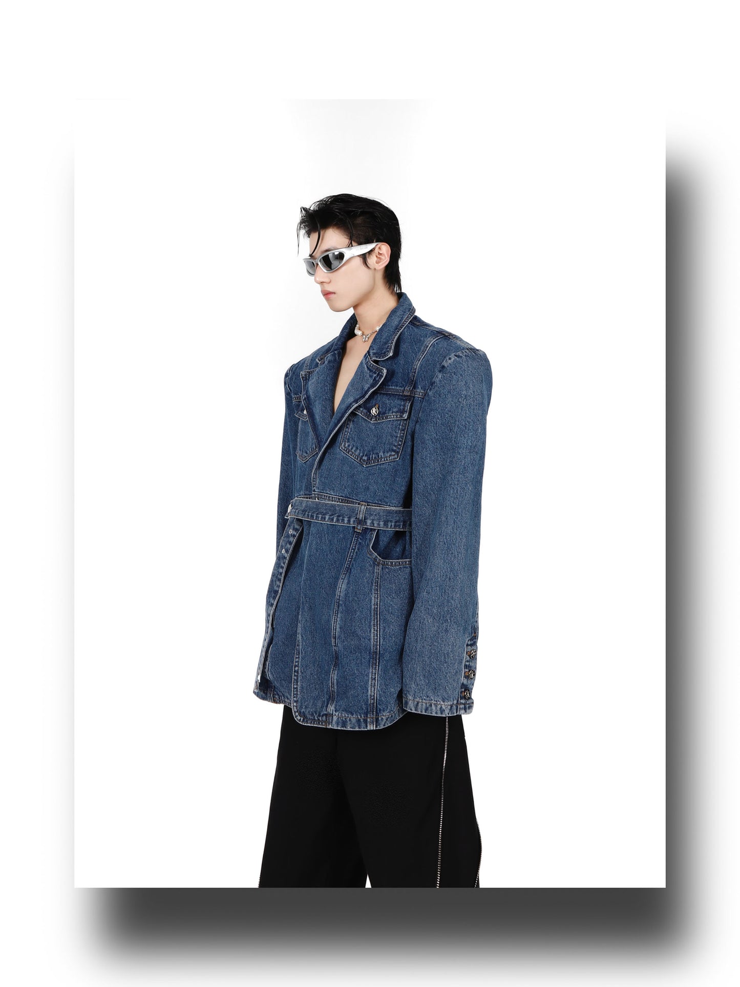 UNISEX Fitted Silhouette Belt Long Denim Jacket | Spring Jacket | ARGUE CULTURE Collection [H149]