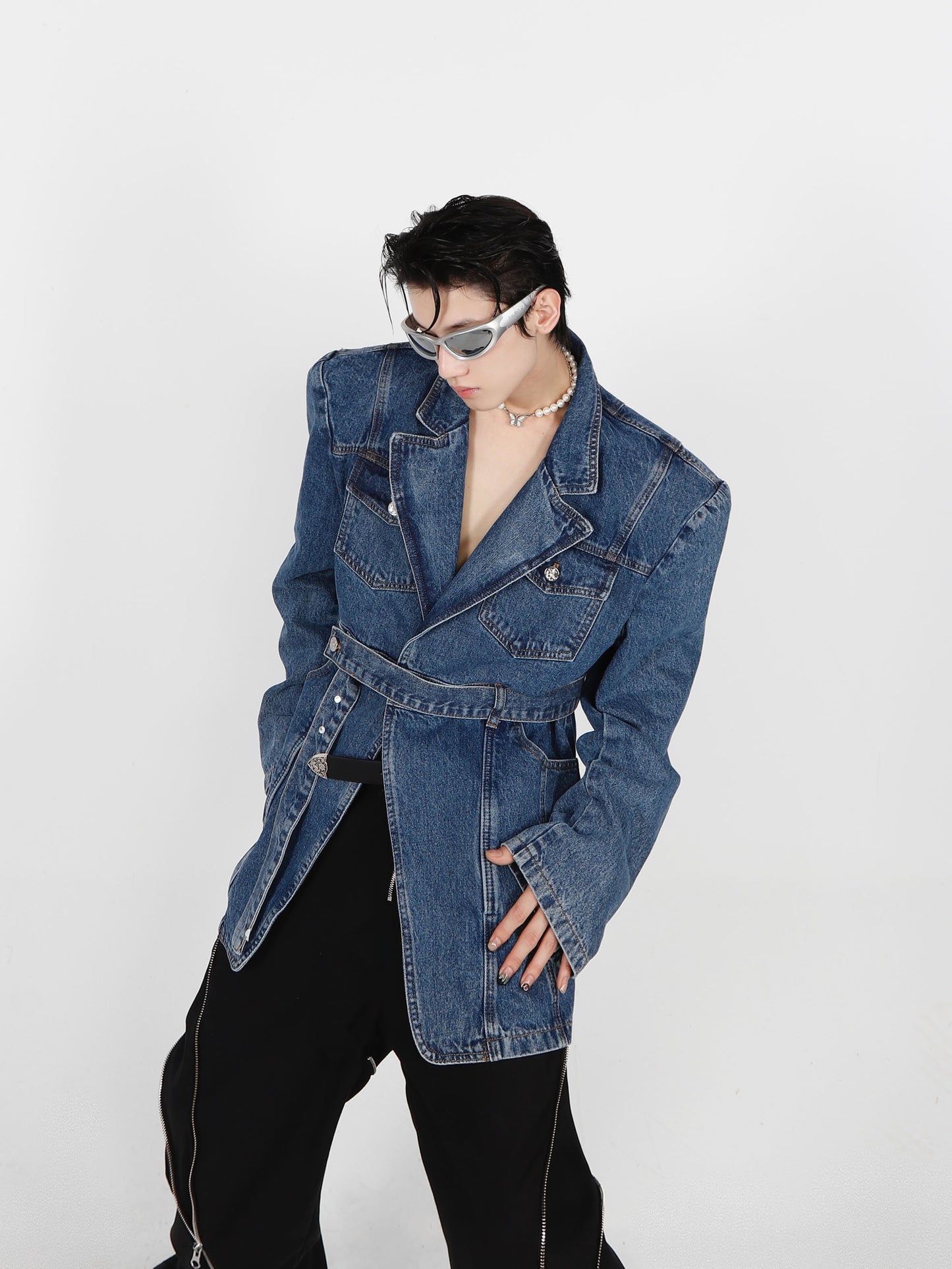 UNISEX Fitted Silhouette Belt Long Denim Jacket | Spring Jacket | ARGUE CULTURE Collection [H149]