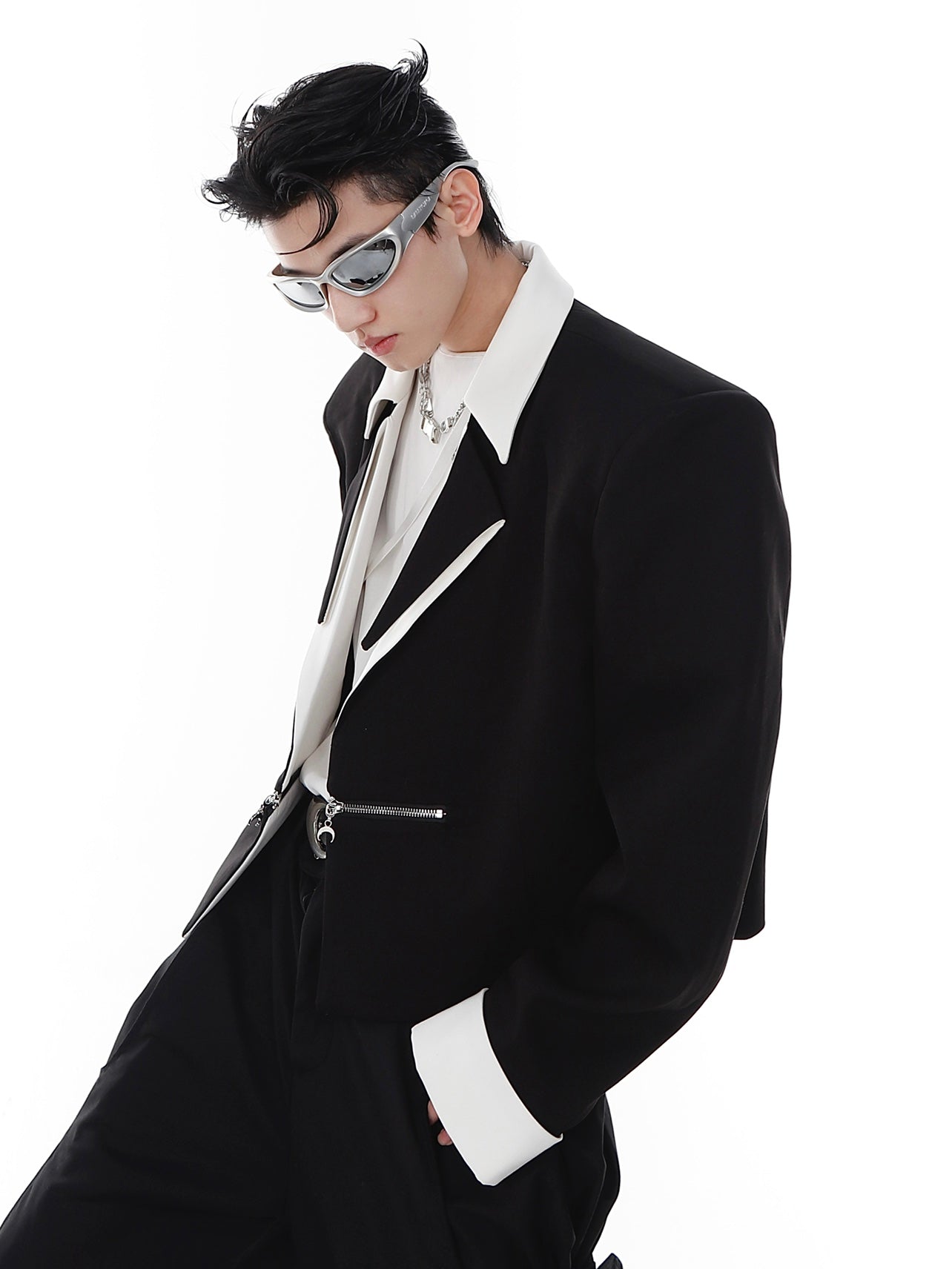 UNISEX Black and White Contrast Blazer Jacket (Suit) [H181]